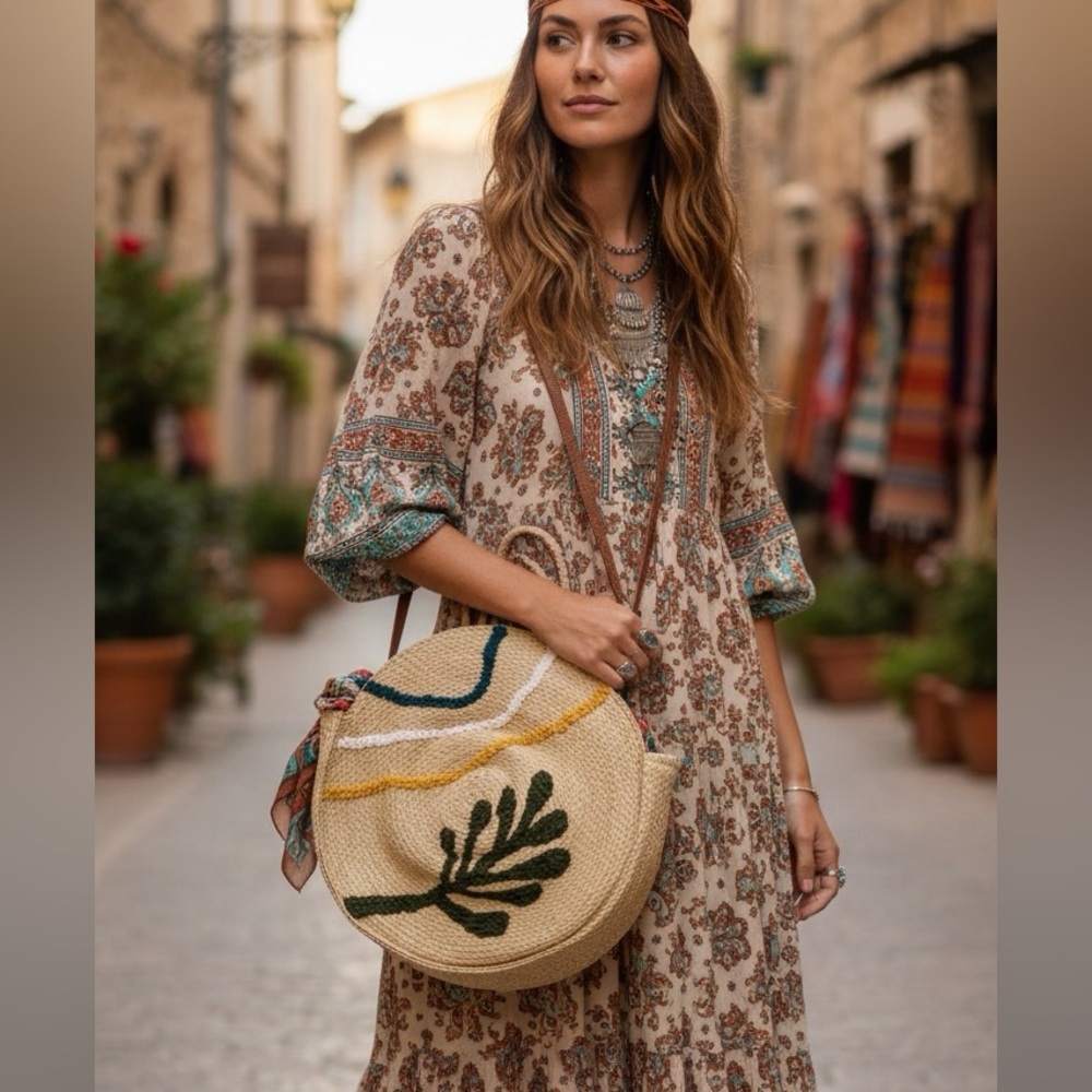 Bohemian Circle raffia straw shoulder bag crochet purse